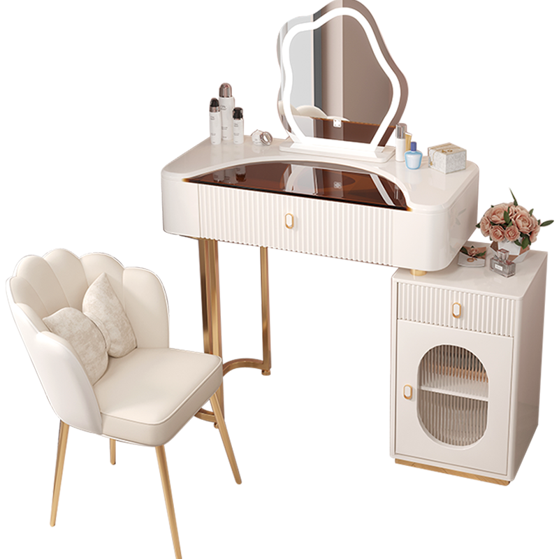 恒享家奶油风梳妆台现代简约收纳柜床头柜化妆台一体书桌伸缩化妆台