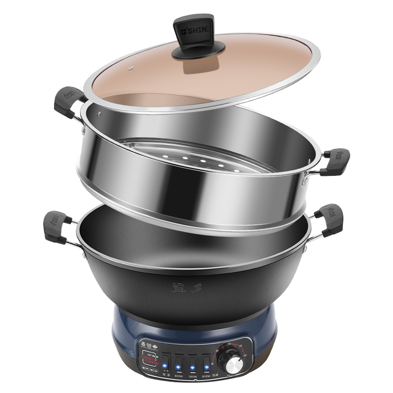 电火锅加厚铸铁锅多功能家用36CM电热锅电蒸锅电煮锅电炒锅大容量一体锅带不锈钢蒸笼 YNDG-36定时款