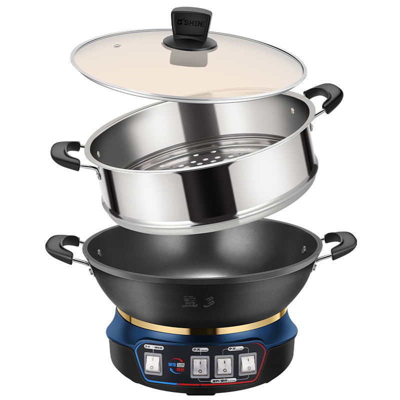 电炒锅加厚铸铁锅多功能家用34CM电热锅电蒸锅电煮锅电火锅大容量一体锅带不锈钢蒸笼 YNDG-34