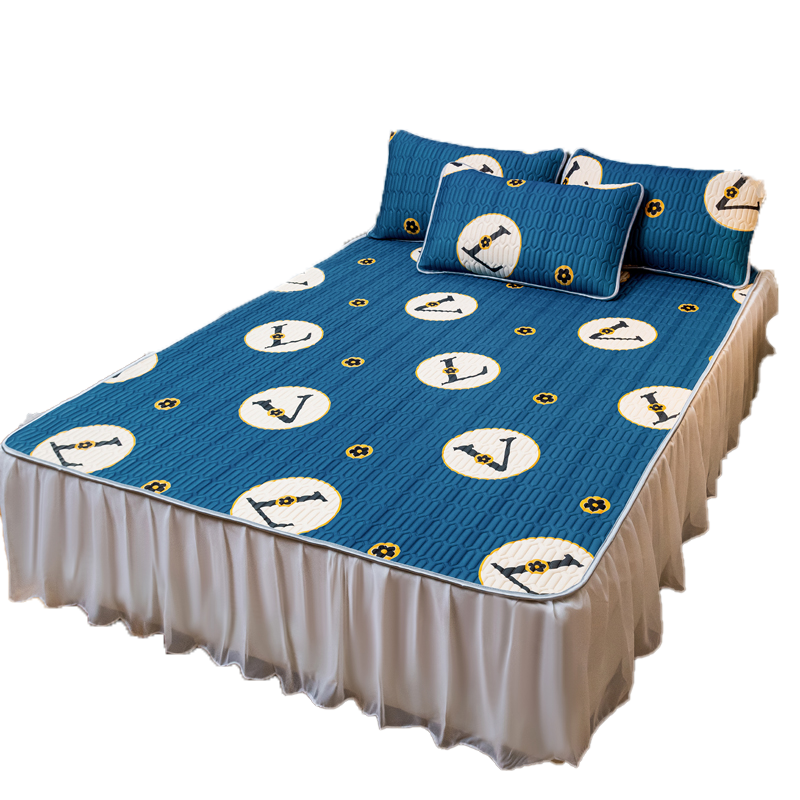 23年新款韩式印花床裙款乳胶凉席三件套床垫防尘保护罩