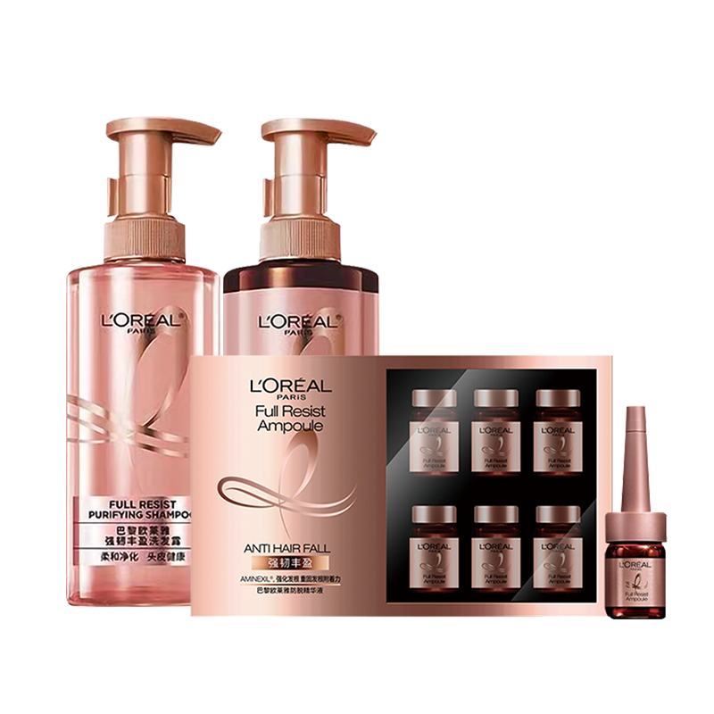 欧莱雅(LOREAL)强韧柔顺洗护发套装(洗440ml+护440ml+安瓶精华60ml)(生姜洗发水护发素防断发蓬松)