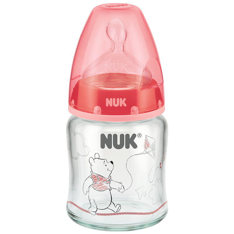 特惠清仓 NUK耐高温120ml宽口玻璃彩色迪士尼维尼奶瓶(带初生型硅胶中圆孔奶嘴,适合0-6个月)