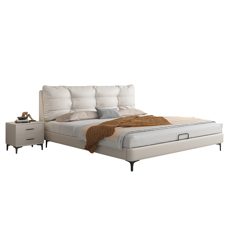 兰秀家居 现代简约皮床意式极简双人软包床轻奢奶油风网红真皮床