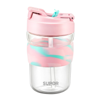 苏泊尔(SUPOR)小浪杯吸管杯便携夏季泡茶咖啡茶水杯学生玻璃泡饮杯子凉水杯一盖双饮KC43JU10酸甜草莓430ml