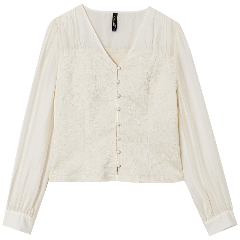 OUNIXUE欧昵雪 | 春季气质优雅V领拼接提花小衫复古通勤上衣女士时尚百搭衬衫