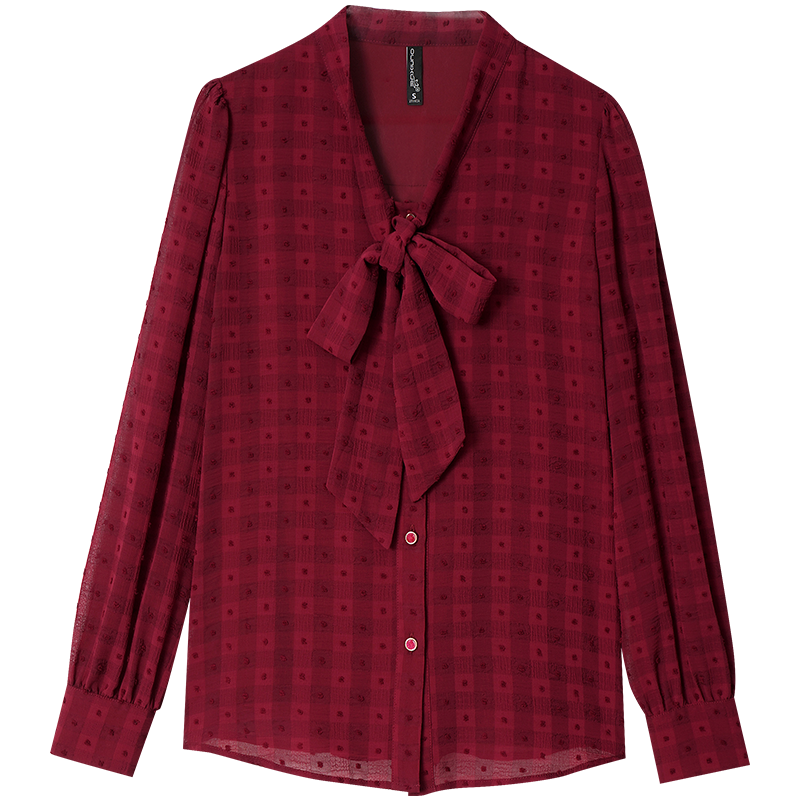 OUNIXUE欧昵雪 | [时尚浪漫剪花格子小衫]春季气质复古小众飘带领长袖直筒衬衫女