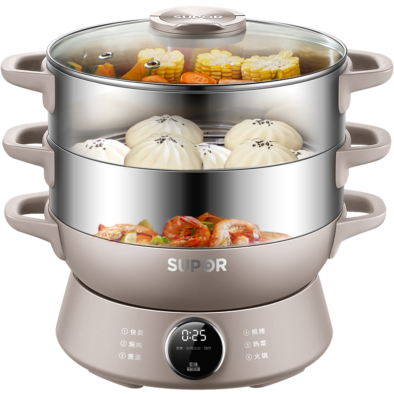 苏泊尔(SUPOR)多用途锅电蒸锅多功能家用定时电火锅蒸包子锅电煮锅三层大容量分体式可拆洗 ZN30YC827