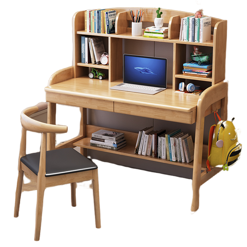 迅迈 实木书桌 写字桌 书架一体学习桌 简约家用初中小学生卧室可升降书桌