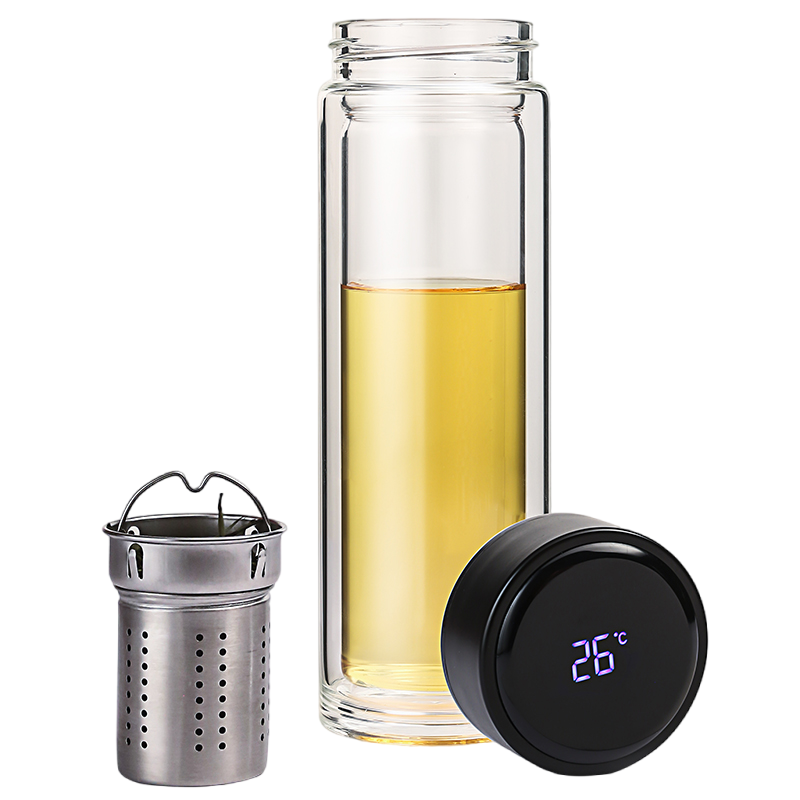 然也(RAE)智能水杯双层玻璃杯带温度显示水杯子男女过滤泡茶杯360ml黑色Z58