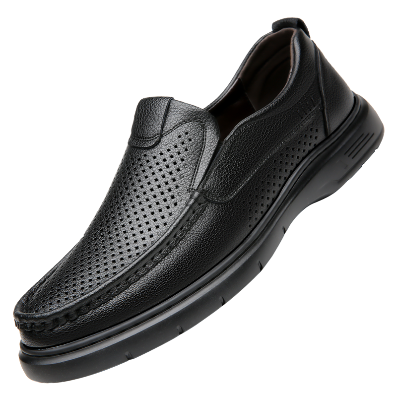 卡森亚男鞋2023春夏新款男士休闲皮鞋真皮镂空内增高一脚蹬爸爸鞋