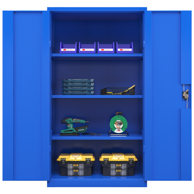 臻远重型五金工具柜铁皮柜双开门置物柜多功能零件柜~三层储物柜蓝色