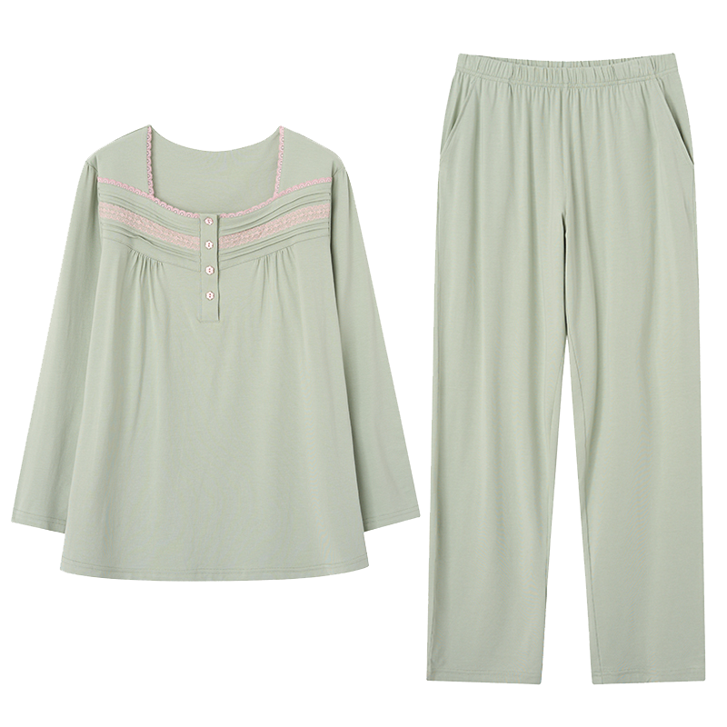 猫人女士薄款针织法式蕾丝优雅莫代尔棉长袖长裤睡衣家居服套装