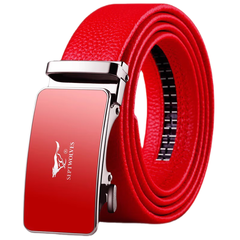 七匹狼(SEPTWOLVES)皮带男式 红色本命年男士牛皮商务自动扣中青年裤带结婚红腰带礼物