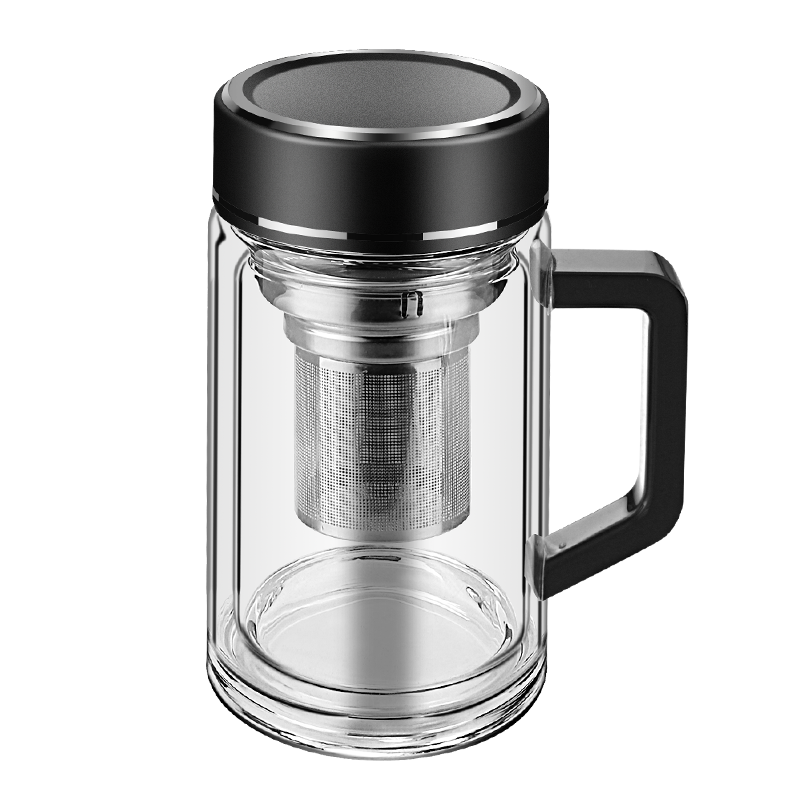 贵人 双层玻璃杯男女士家用商务办公水杯带手柄泡茶杯子耐热防烫带茶仓