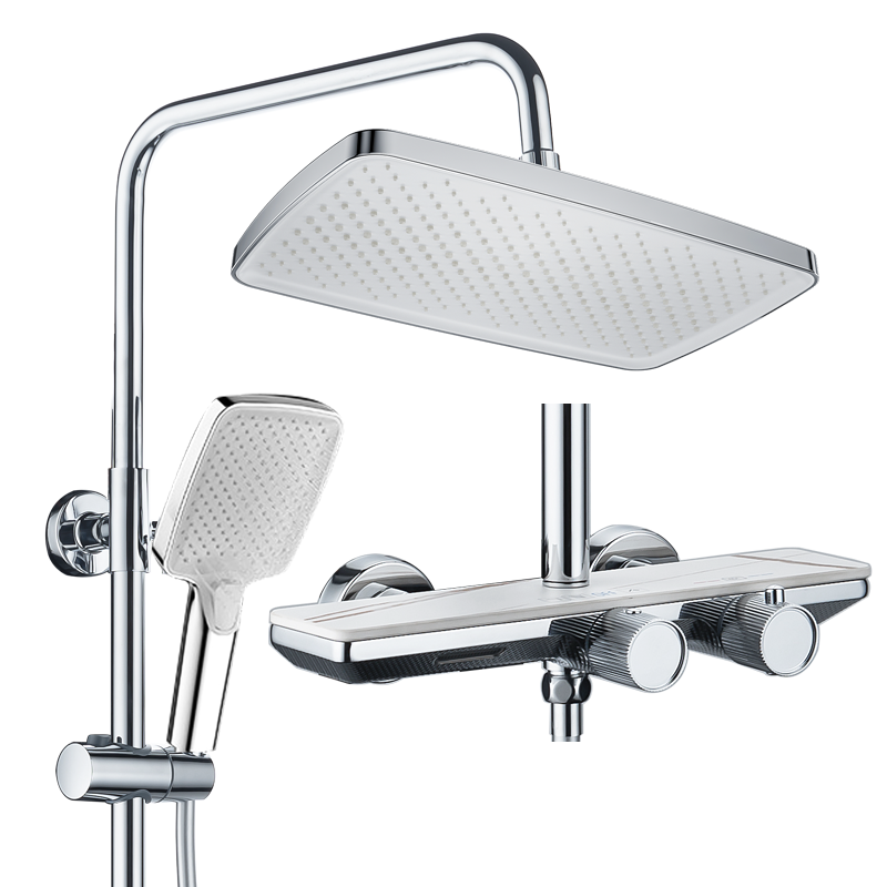 SEREN HOME赛恩卫浴恒温淋浴花洒套装三功能岩板置物台旋扭控制大顶喷淋浴花洒白色 黑色花洒