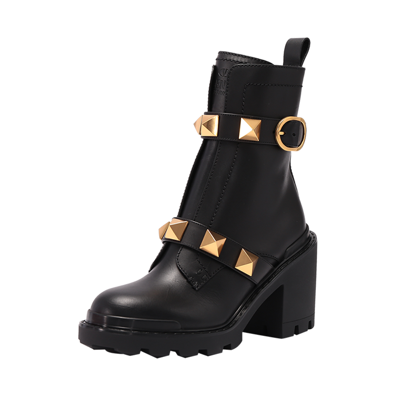 华伦天奴 VALENTINO 女士牛皮铆钉装饰高跟靴子短靴1W2S0CJ2 NKD