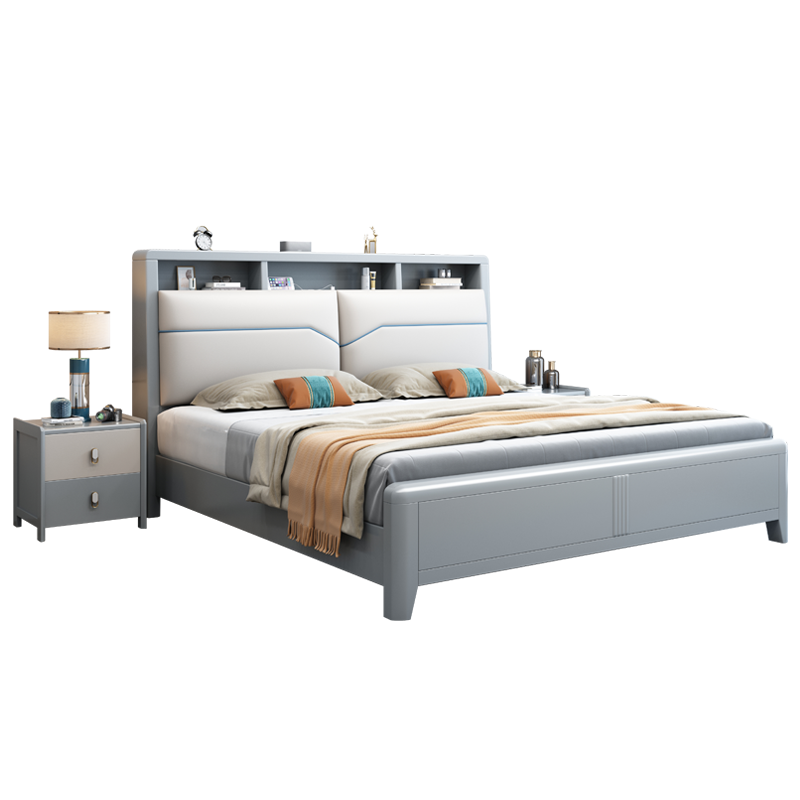 百冠环球 北欧橡胶木双人床主卧床1.5米日式实木床1.8米小户型家用夜灯现代简约轻奢卧室组合婚床储物床套装卧室家具