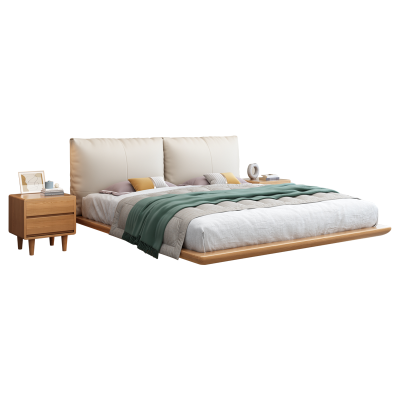 百冠环球 白蜡木全实木床侘寂风日式真皮床小户型1.8米主卧双人床现代简约