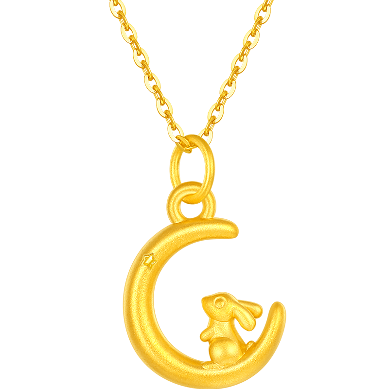 梦金园伴月兔黄金吊坠可爱望月小兔子足金吊坠生日礼物配链