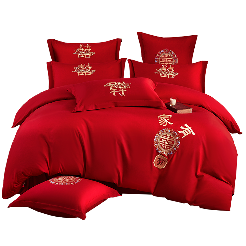 天作之合结婚四件套新婚床上用品婚庆中式大红色刺绣轻奢高级感喜被套床单喜庆床上六八件套