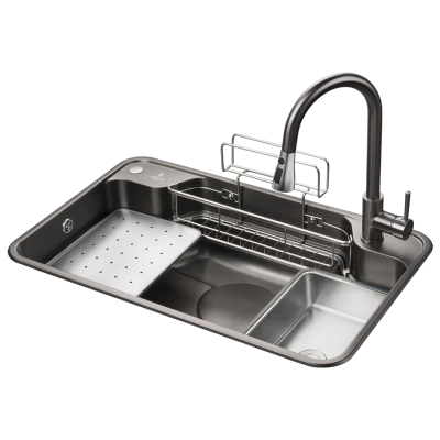 欧琳水槽石英石水槽单槽745*470黑色哑光花岗岩石槽厨房洗菜盆GS106水槽大单槽洗菜池 配7121精铜直角