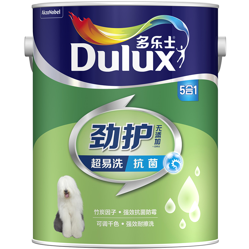 多乐士(Dulux)劲护无添加竹炭超易洗抗菌五合一内墙乳胶漆油漆墙面漆A8141+A914套装 15L
