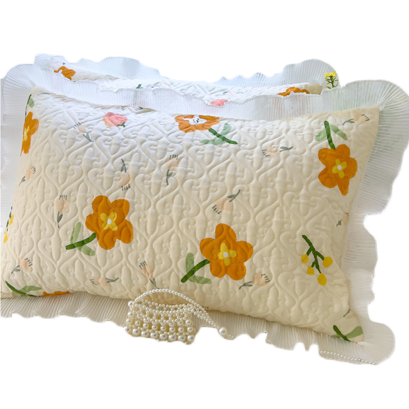 卡洛儿杜香雪纺花边全棉夹棉枕头套一对装家用单人48cmx74cm纯棉枕芯套