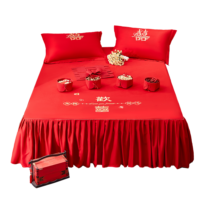 意尔德床裙单件席梦思床罩床裙式床套单件防尘保护套1.5米1.8m婚庆大红床单床垫床笠防滑结婚红色床裙