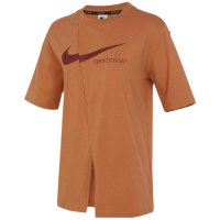 Nike Logo字母印花下摆开衩设计圆领短袖T恤 女款 棕色 FB8346-225