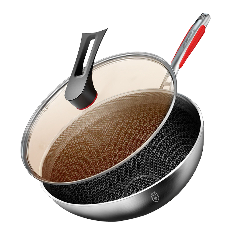 康巴赫第四代抗菌不锈钢炒锅不粘锅32cm少油烟全蜂窝平底炒菜锅