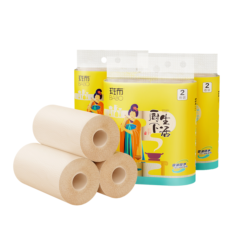 斑布竹纤维厨房纸巾80节8卷吸水一次性加厚吸油锁水干湿两用