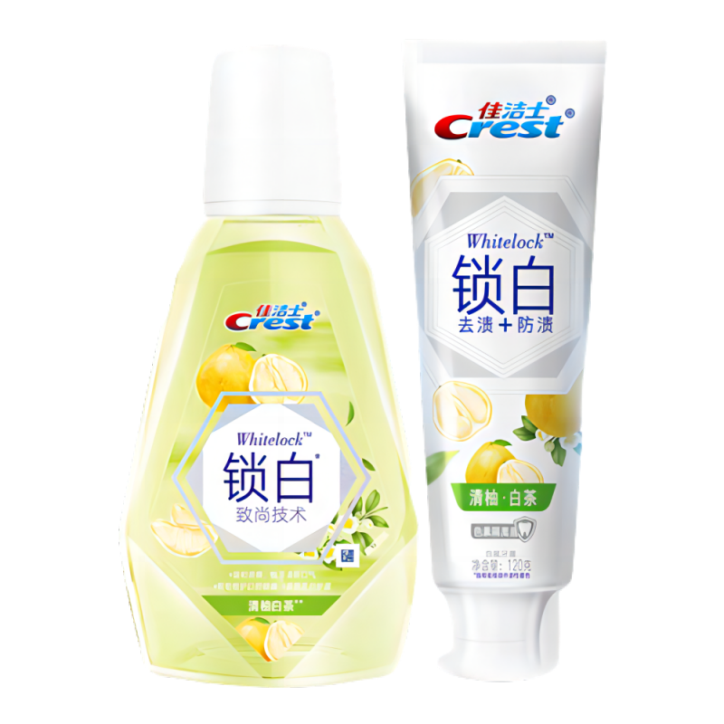 佳洁士锁白牙膏美白香氛口气清新白桃亮白含氟[组合]清柚牙膏120g+漱口水250ml