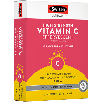 Swisse VC泡腾片 60片/1盒装(3支)草莓味天然维生素C补VC增抵抗免疫感冒(膳食营养补充剂)