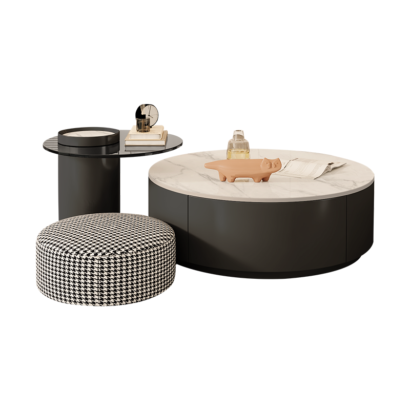 金沙公爵意式轻奢黑色圆形浮雕茶几现代简约小户型家用小桌几组合