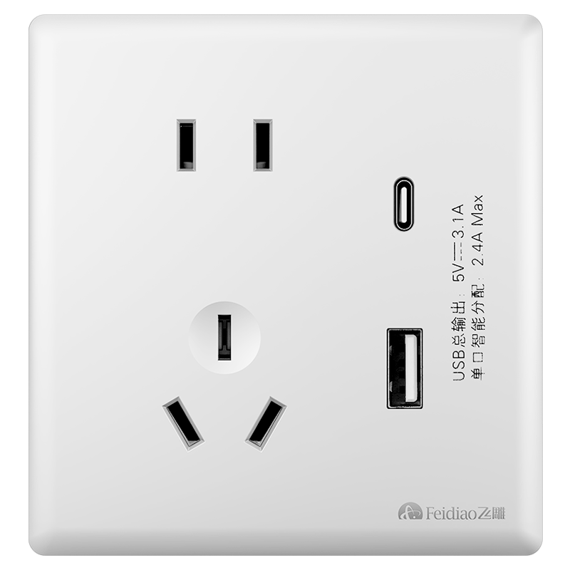 飞雕(FEIDIAO)超薄大板 开关插座格韵系列86型带开关插座面板墙壁电源插座 格韵优雅白USB五孔+TYPE-C快充