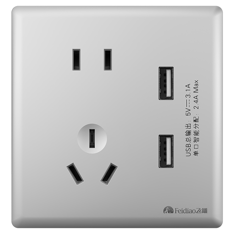 飞雕(FEIDIAO)超薄大板 开关插座格韵系列86型带开关插座面板墙壁电源插座 格韵月光银五孔带2USB