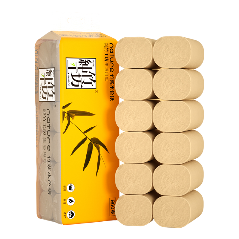 蓝漂 纯竹工坊系列中号竹浆本色实芯扁卷纸 12卷960g/提 卫生卷筒纸巾手纸