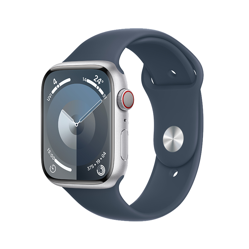 Apple Watch Series 9 (GPS + 蜂窝网络) 45 毫米银色铝金属表壳 风暴蓝色运动型表带 - M/L