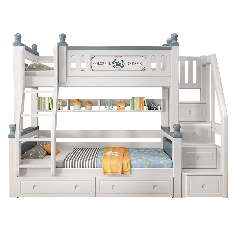 百冠环球 地中海高低子母床儿童床双层母子床上下铺多功能储物床实木床男孩女孩双层床双人床卧室子母床