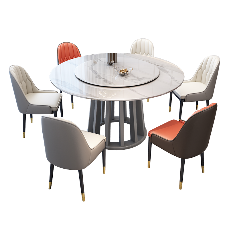 欧梵森 意式轻奢岩板餐桌北欧实木餐桌椅组合家用小户型饭桌现代简约大理石圆桌转盘