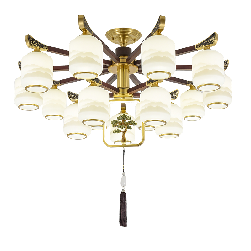 克罗斯塔 别墅客厅复式楼大吊灯中空楼梯新中式轻奢全铜酒店餐厅灯罩朝下灯具