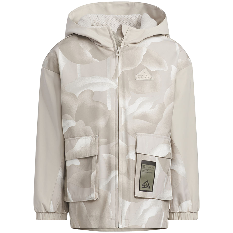 adidas 童装 图案印花抗风梭织运动休闲连帽夹克外套 男童 铅白 IQ0999