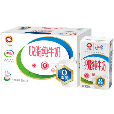 [6月生产]伊利 脱脂牛奶250ml*16盒/箱 零脂肪 好营养 整箱家庭装 礼盒装