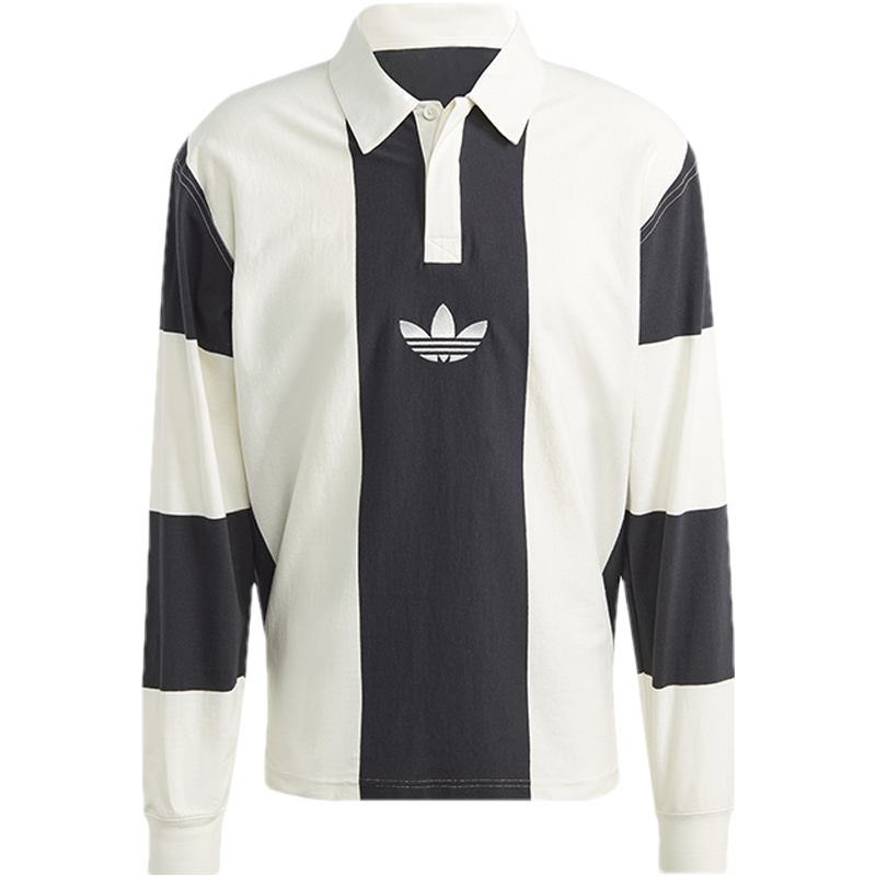 adidas originals 条纹拼色宽松Polo领运动长袖Polo衫 男款 黑色 HZ0708