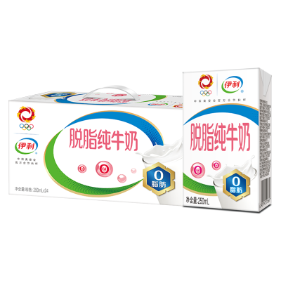 [8月生产]伊利 脱脂牛奶250ml*24盒/箱 零脂肪 好营养 整箱家庭装 礼盒装
