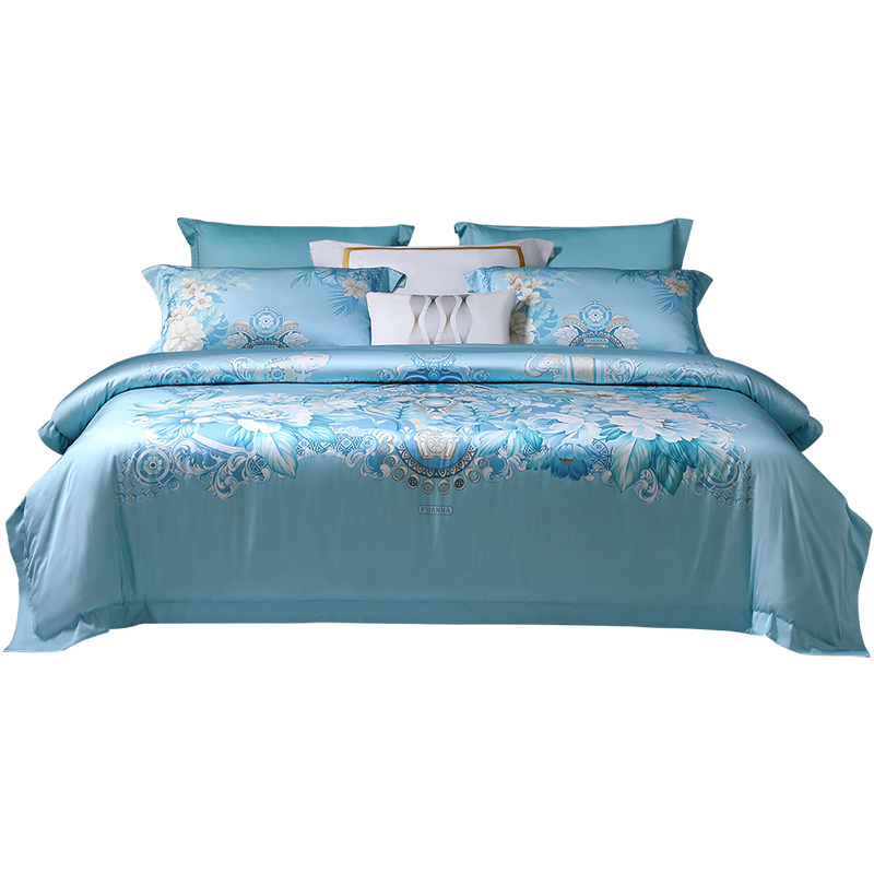 富安娜家纺高档轻奢真丝印花四件套桑蚕丝床单被套结婚床品送礼