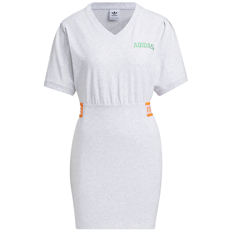 adidas originals三叶草 Logo印花修身拼色运动短款短袖连衣裙 浅麻灰 IU4771