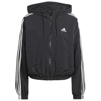 adidas W 3S Wvn Wndbr Logo刺绣条纹边饰连帽夹克外套 女款 黑色 HT3399
