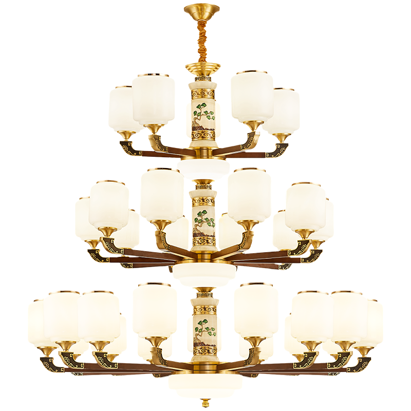 克罗斯塔 新中式全铜别墅客厅大吊灯复式楼中空红木长吊灯酒店大厅餐厅灯具