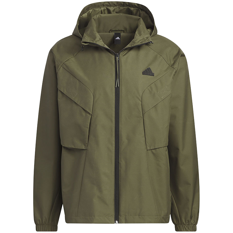 adidas Urban Outdoor Jacket 纯色Logo标识运动休闲连帽夹克外套 男款 橄榄绿 IS0451